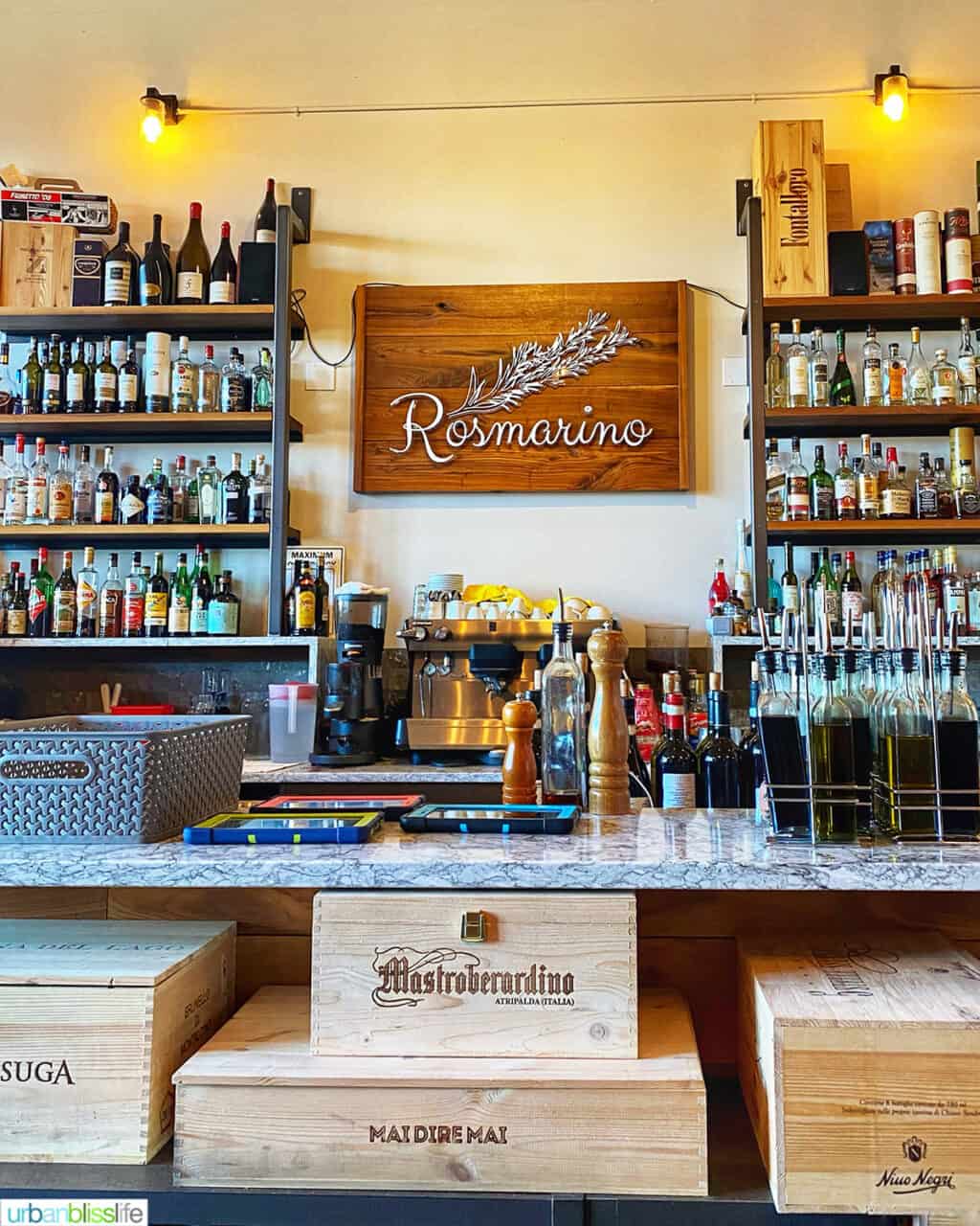 inside bar at Rosmarino Osteria restaurant in Newberg, Oregon wine country