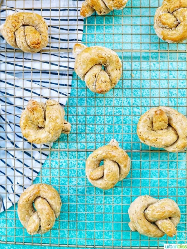 dog pretzels on a baking rack