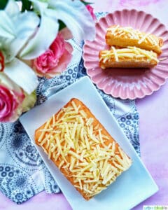 wide overhead photo of Taisan Filipino chiffon cake and two slices