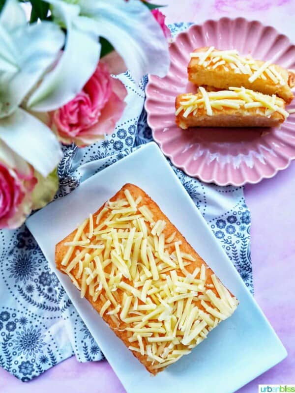 wide overhead photo of Taisan Filipino chiffon cake and two slices