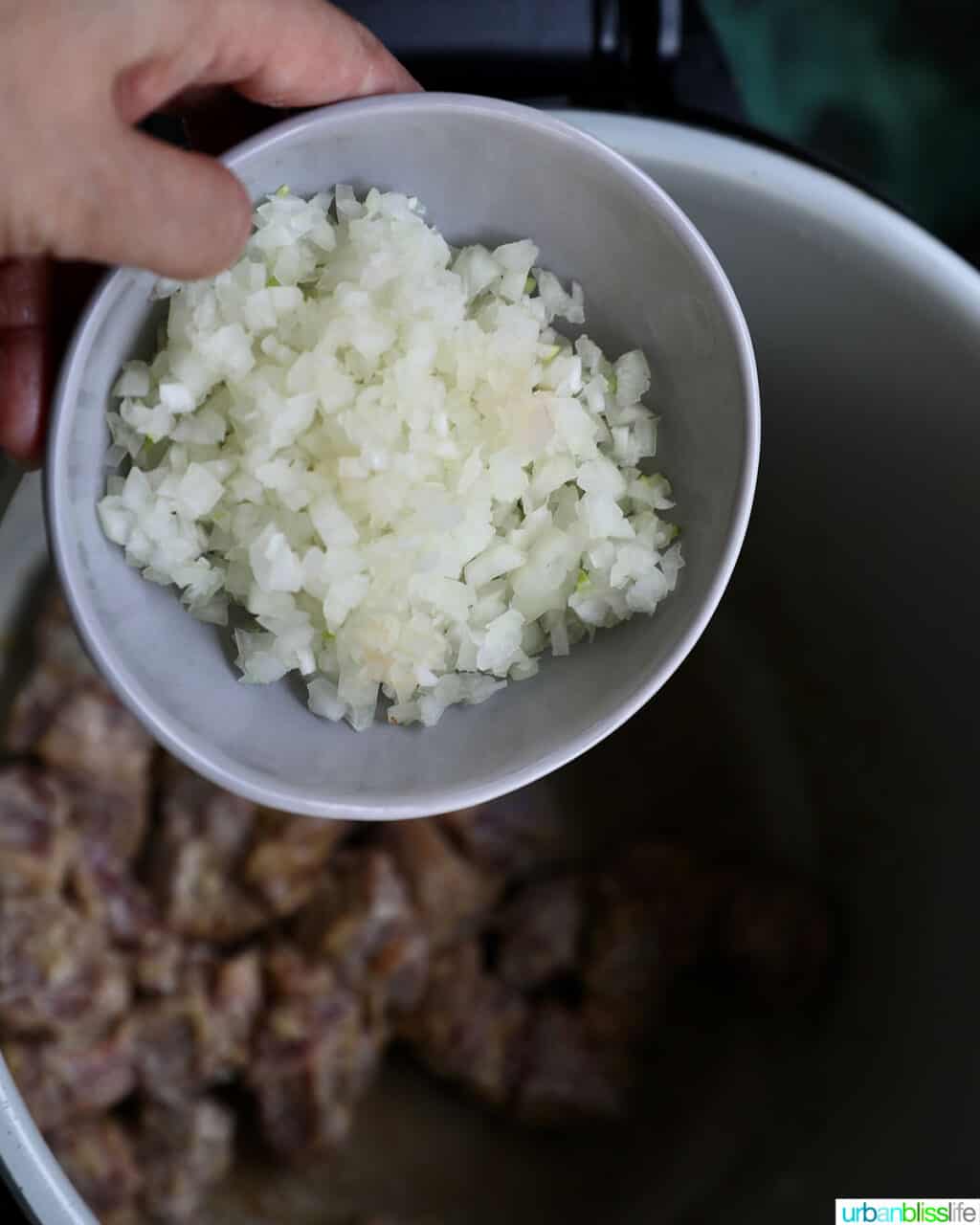 adding onions to Irish stew in the Instant Pot