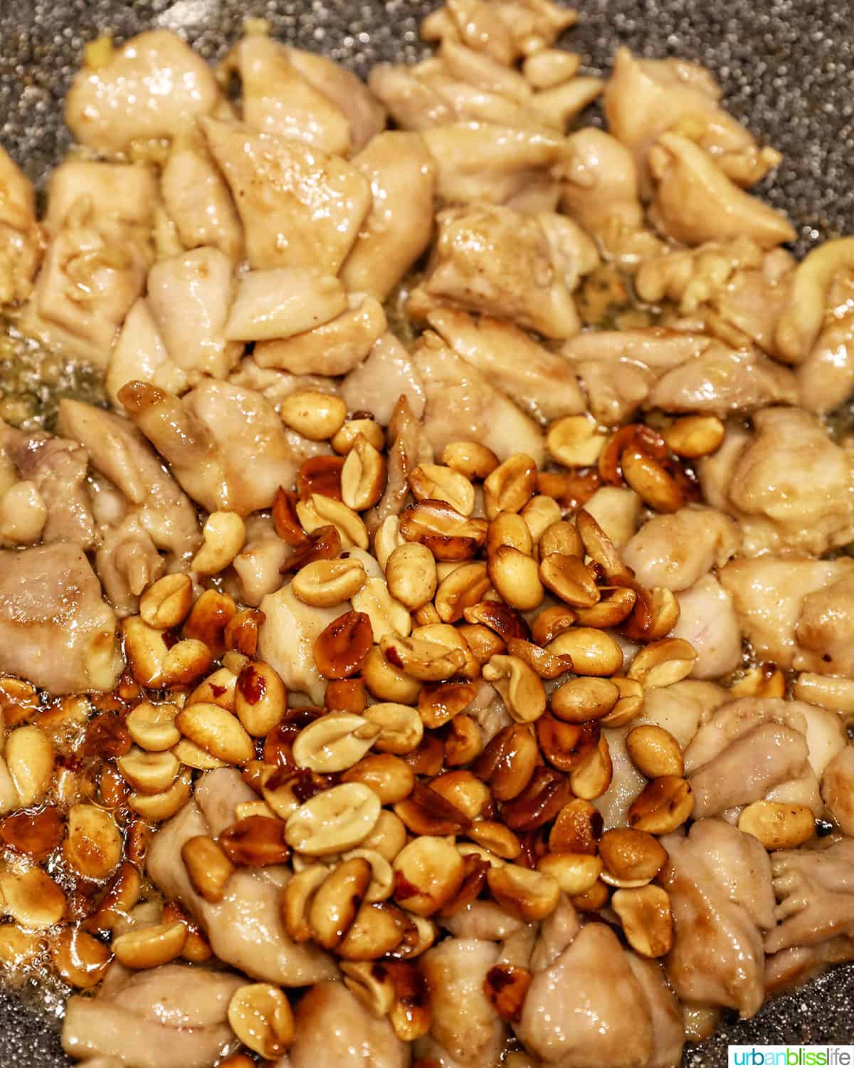 peanuts and chicken in a pan