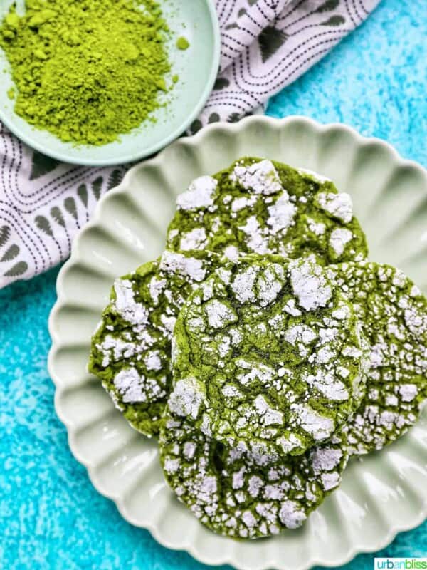 plate of matcha crinkle cookies