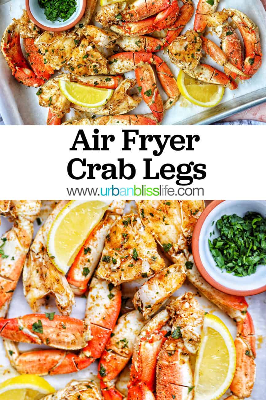air fryer crab legs on a baking sheet, with title text overlay.