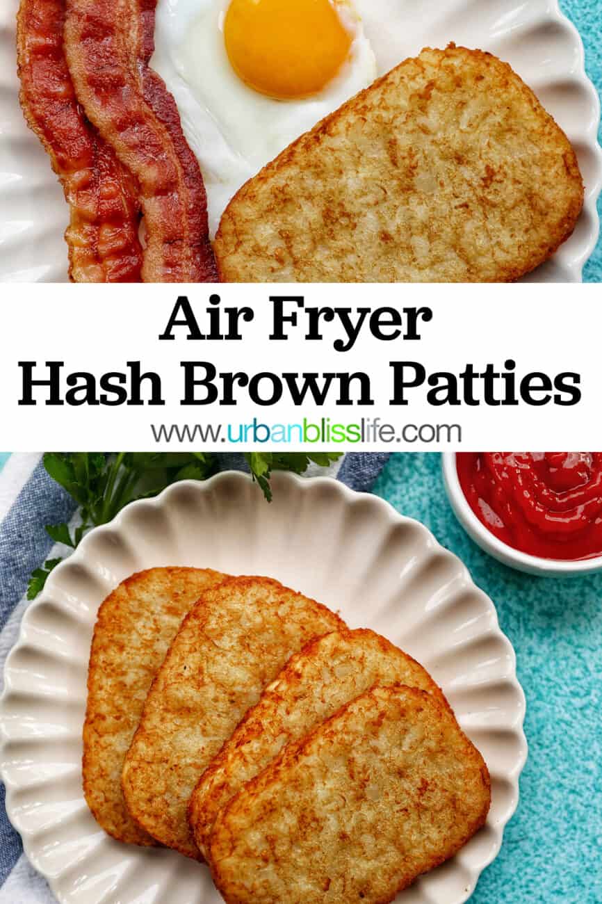 air fryer hash brown patties with title text overlay