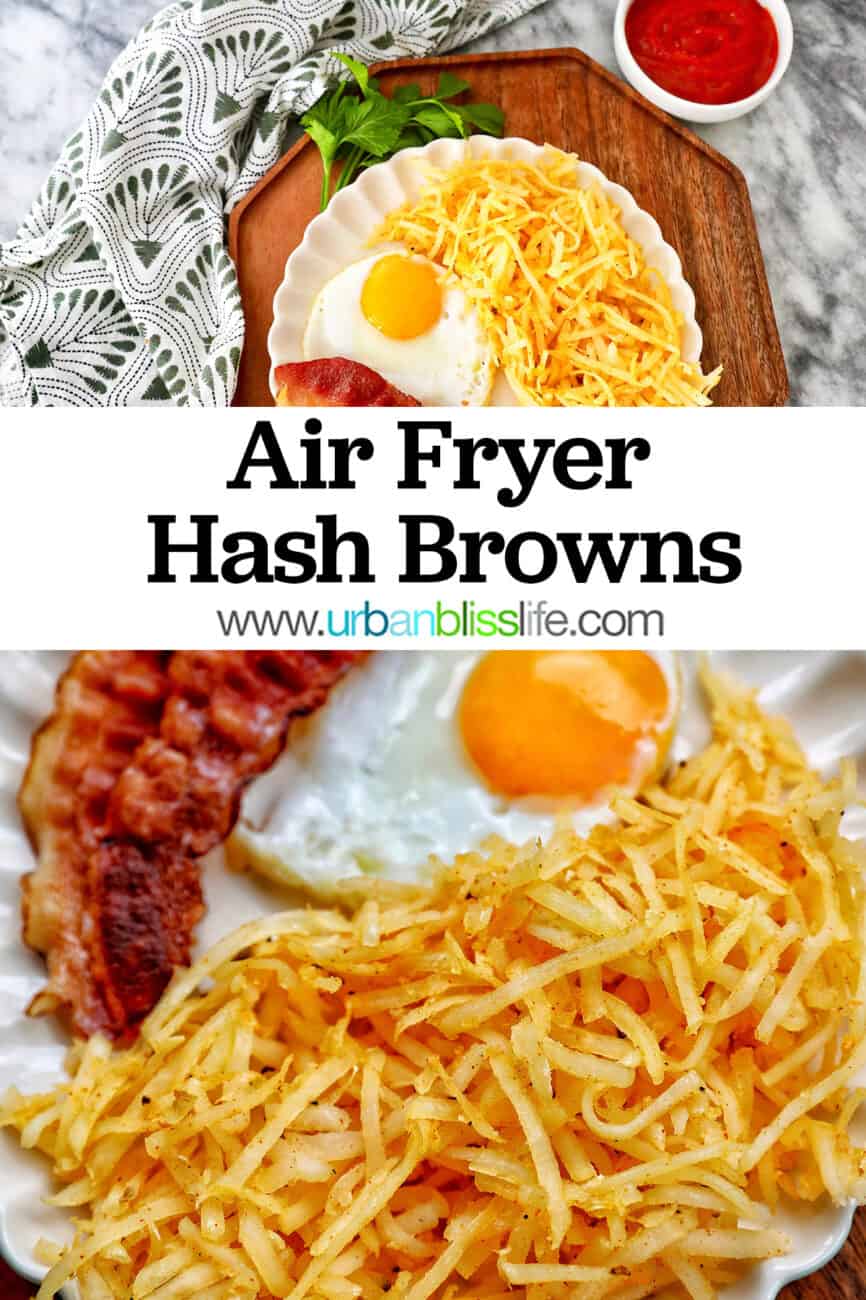 shredded air fryer hash browns with bacon and eggs and title text overlay