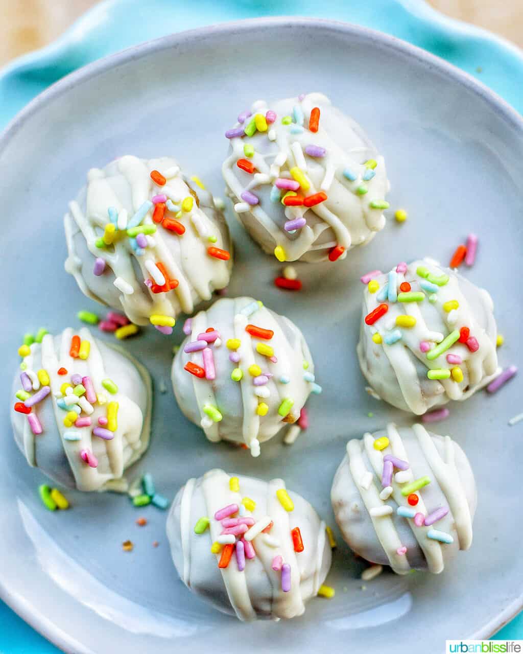 chocolate chip cookie dough truffles with spring colored sprinkle