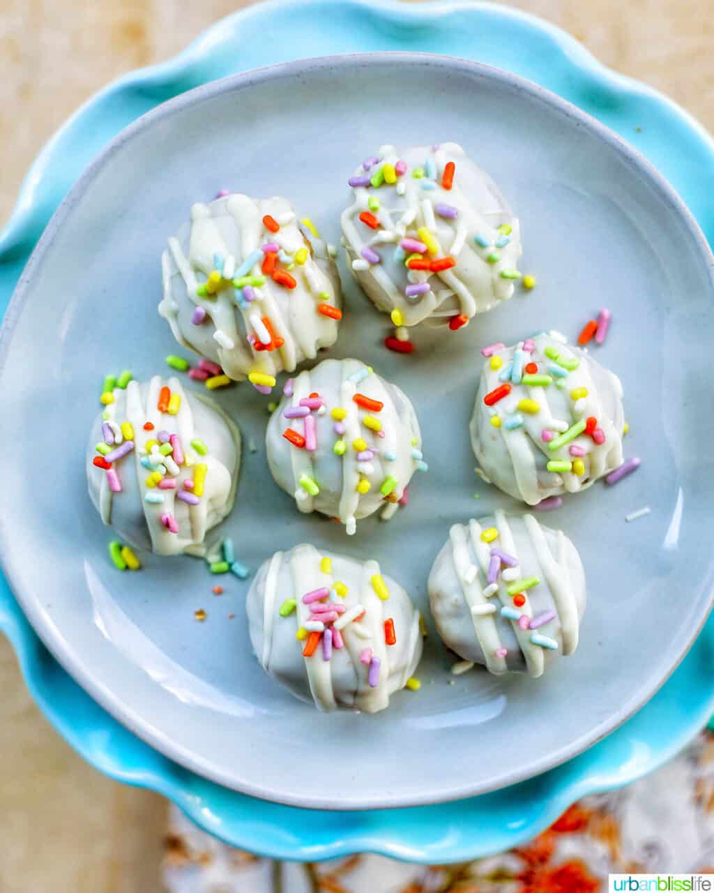 chocolate chip cookie dough truffles with spring colored sprinkles