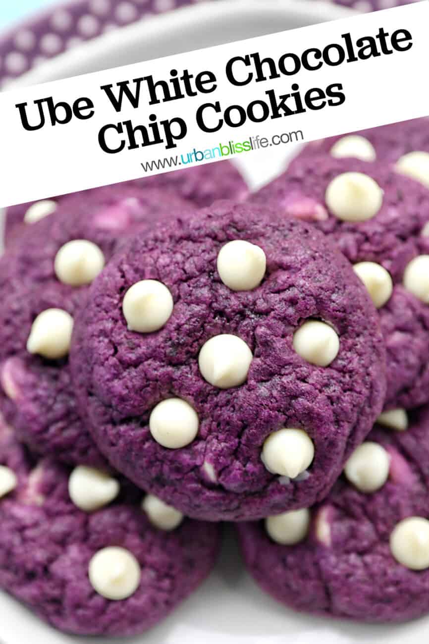 ube white chocolate chip cookies with text overlay