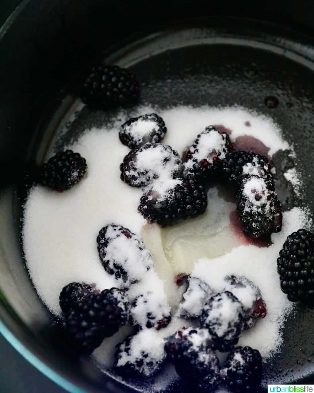 blueberries and sugar in pot