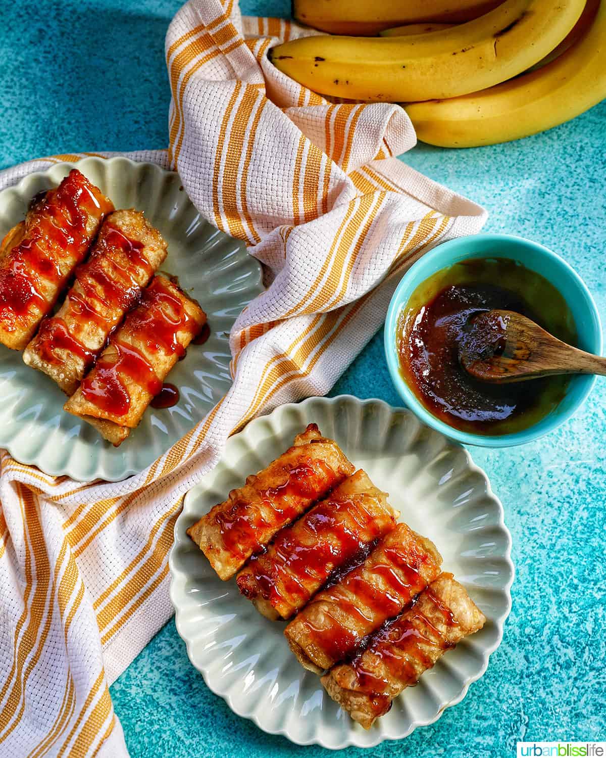 plates of Filipino turon banana lumpia with caramel drizzle
