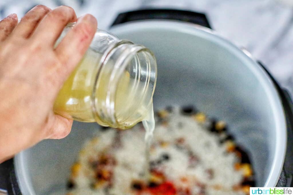 pouring vegetable broth into the instant pot