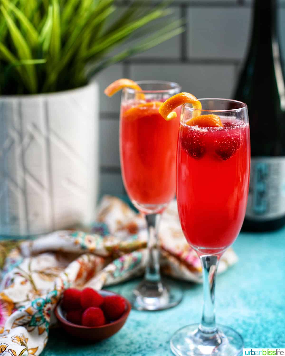 two glasses of Raspberry Mimosas Raspberry Mimosa with raspberries and orange rind garnish with white vase and green plant and sparkling wine bottle in background.
