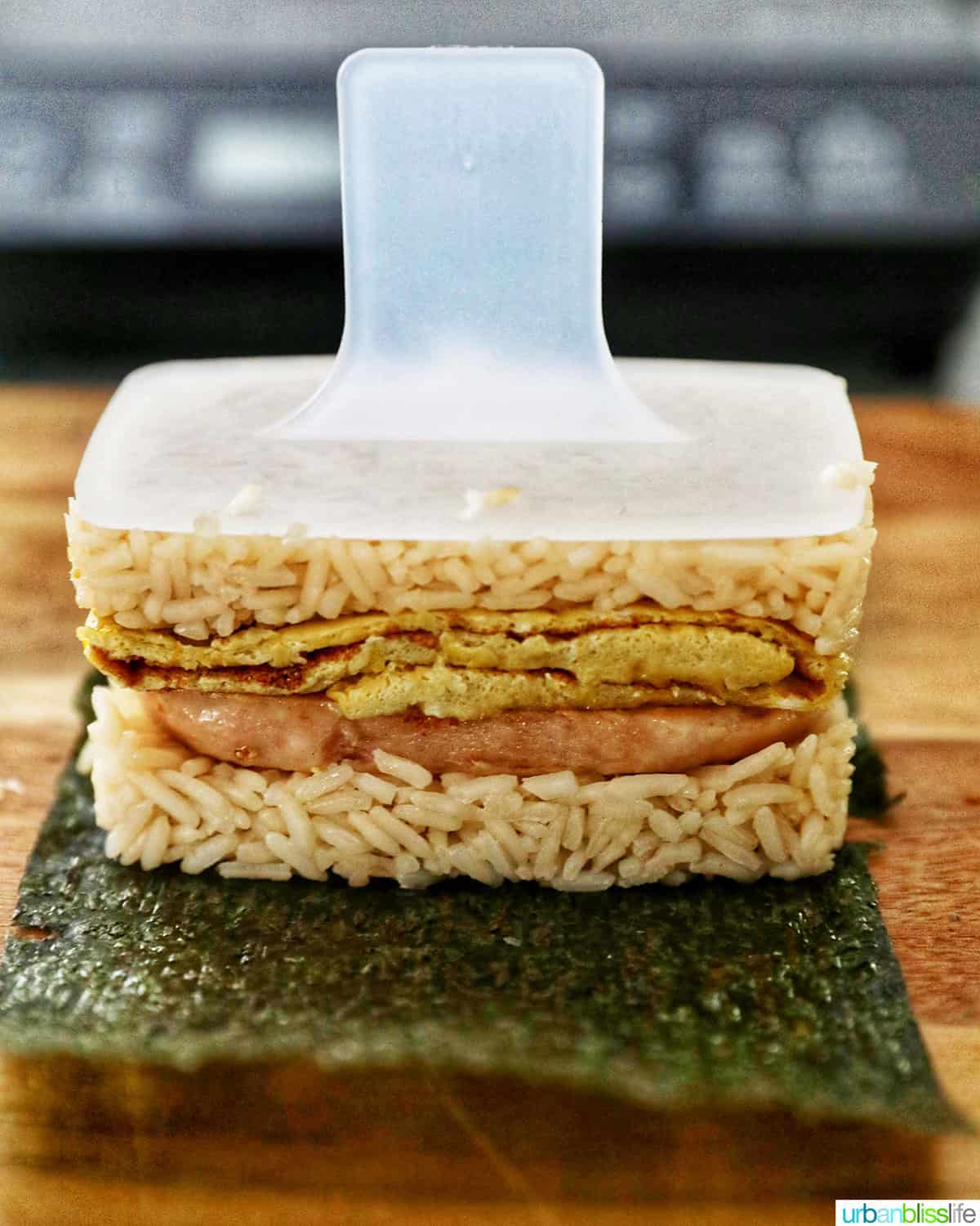 shaped spam musubi with egg