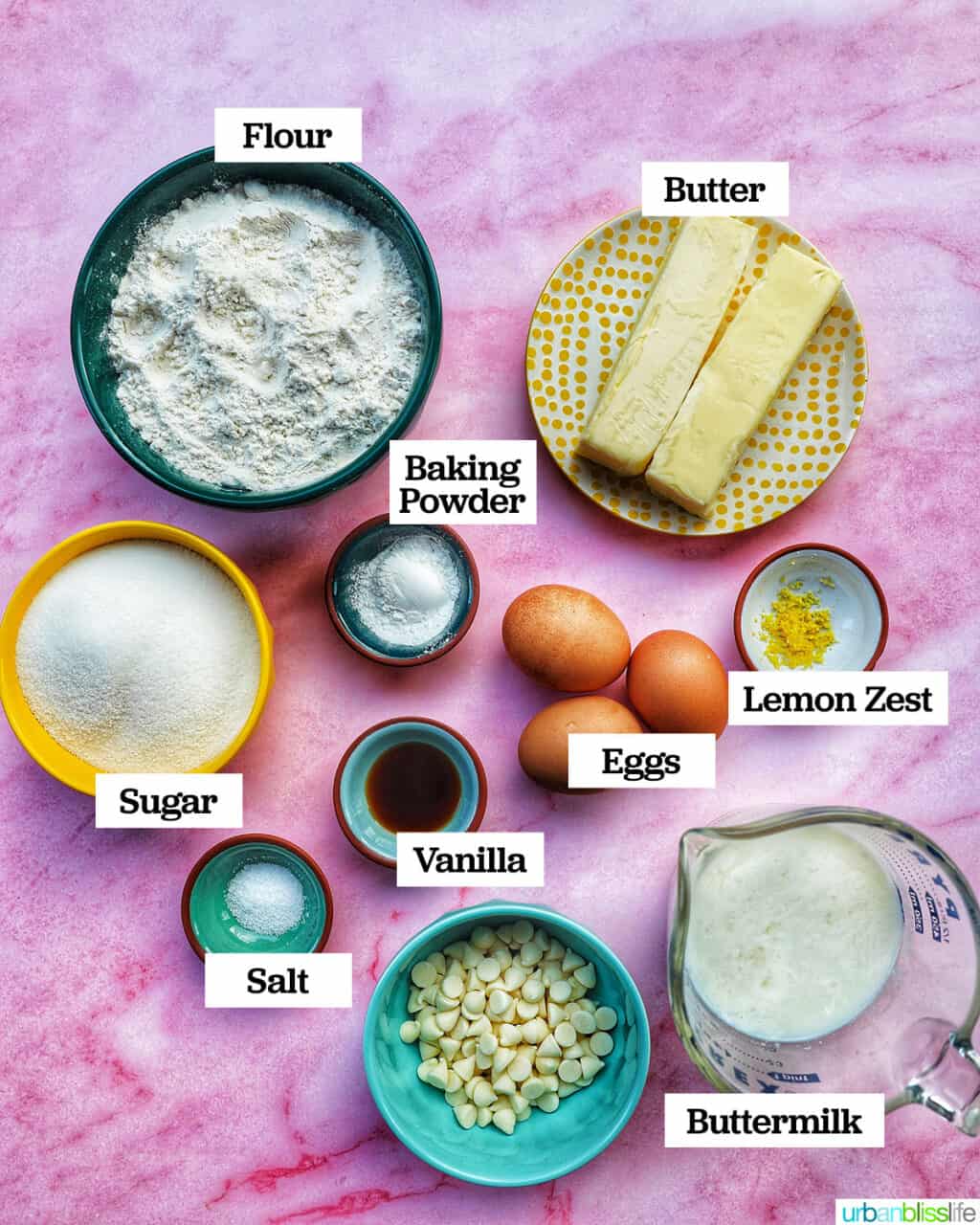 ingredients to make white chocolate raspberry bundt cake