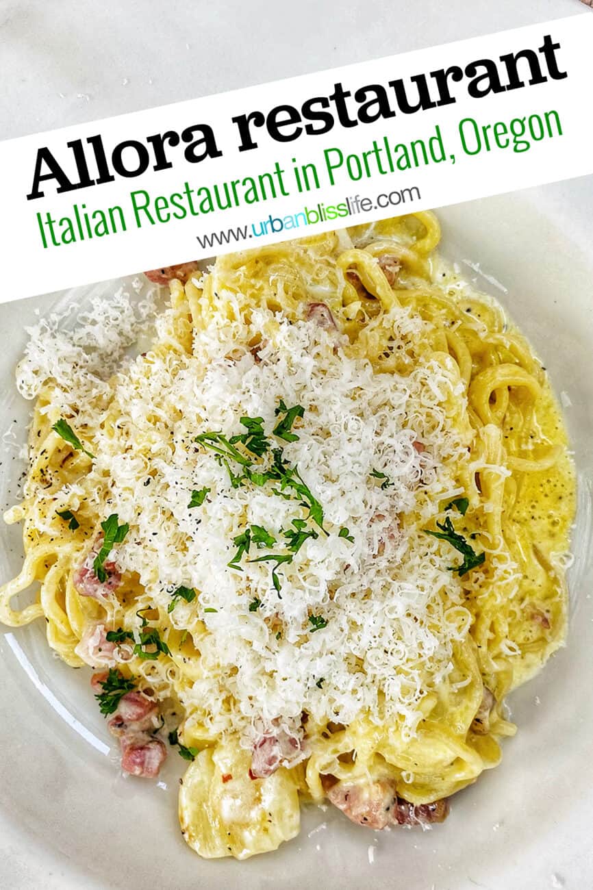 pasta at allora restaurant with title text overlay