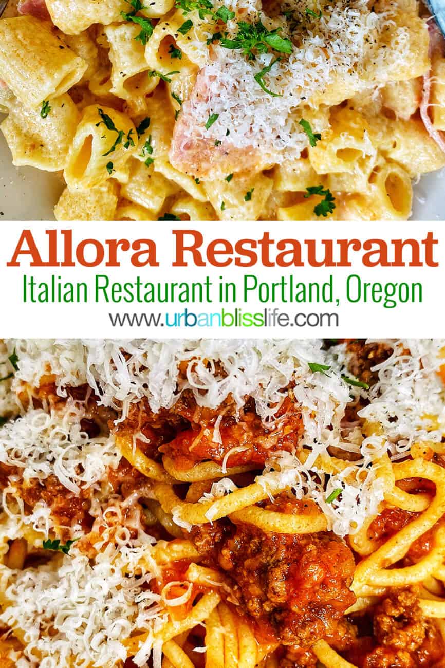 pastas at Allora restaurant with title text overlay