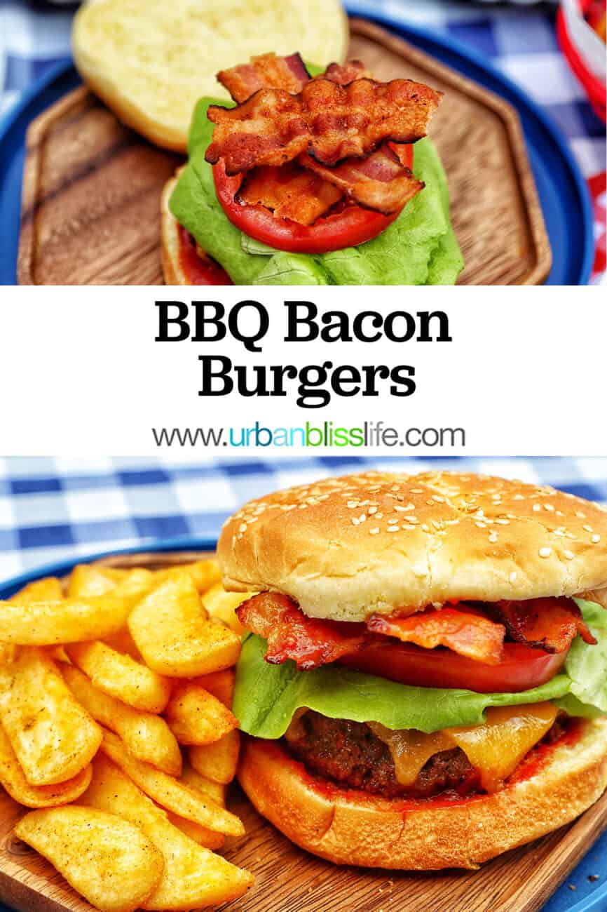BBQ bacon burgers with title text overlay
