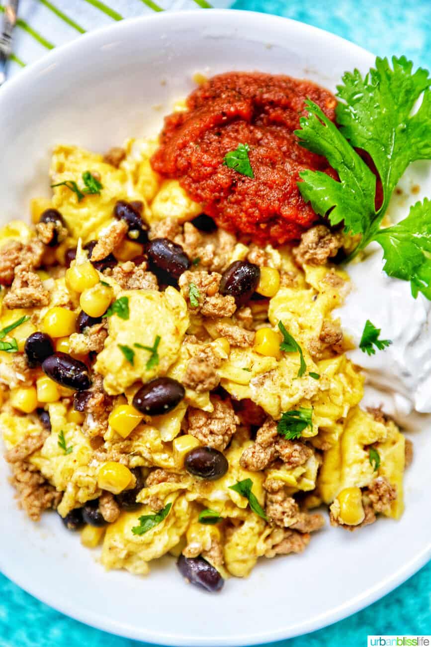 what to do with leftover taco meat - taco breakfast bowl with scrambled eggs