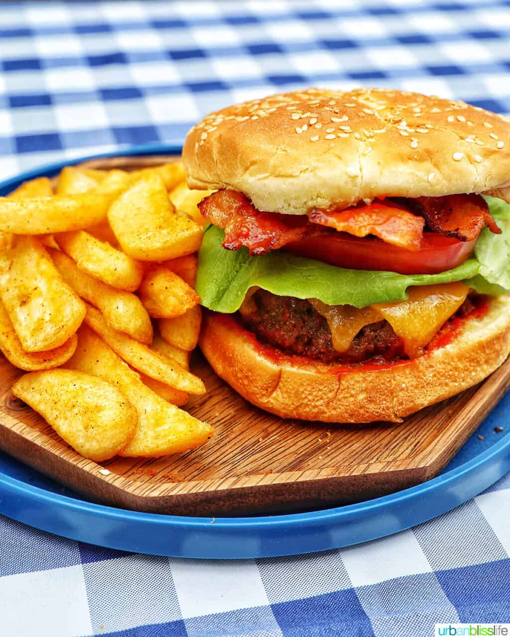 BBQ bacon burger with fries