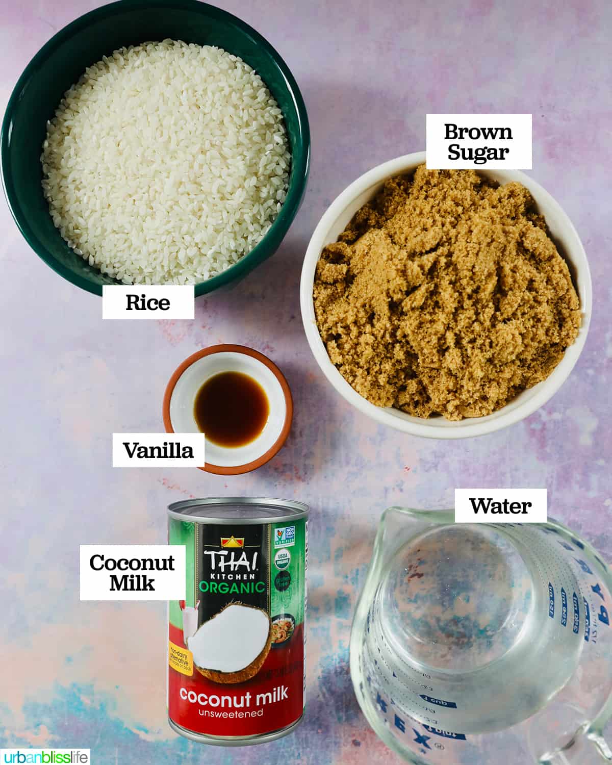 ingredients to make Filipino biko sticky rice, on a pastel-colored table.