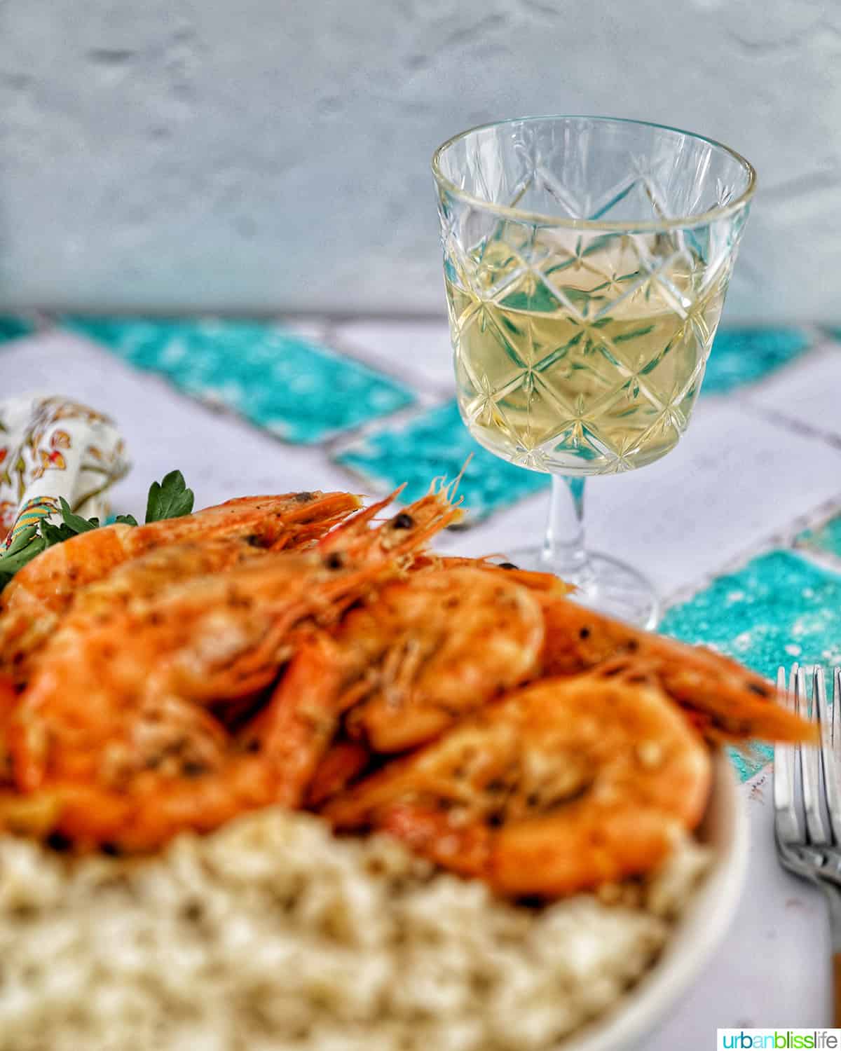 shrimp adobo over rice with a glass of white wine