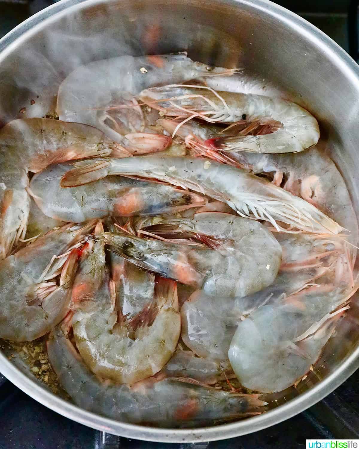 raw shrimp in a pan