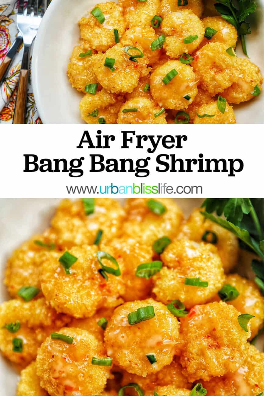 air fryer bang bang shrimp with title text overlay