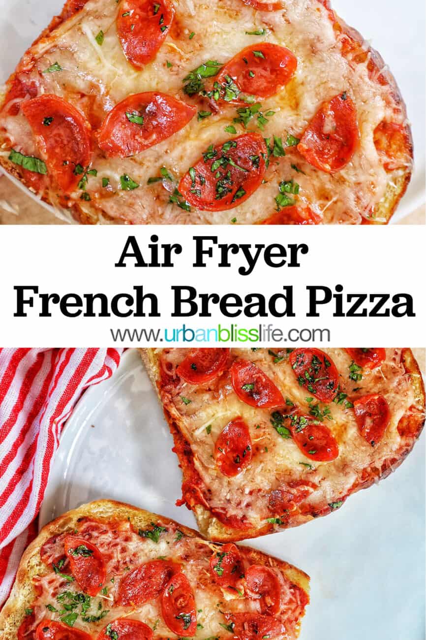 two half loaves of french bread pizza in an air fryer basket with title text overlay.