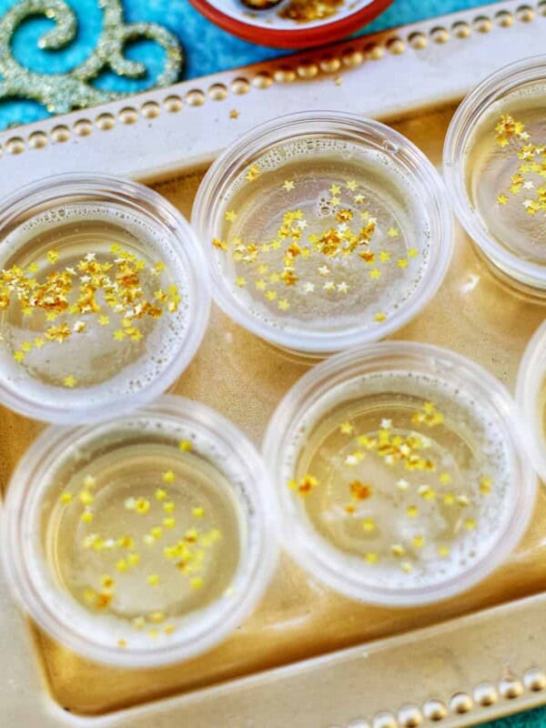 champagne jello shots with edible gold stars.