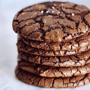 chewy chocolate fudge cookies in a stack.
