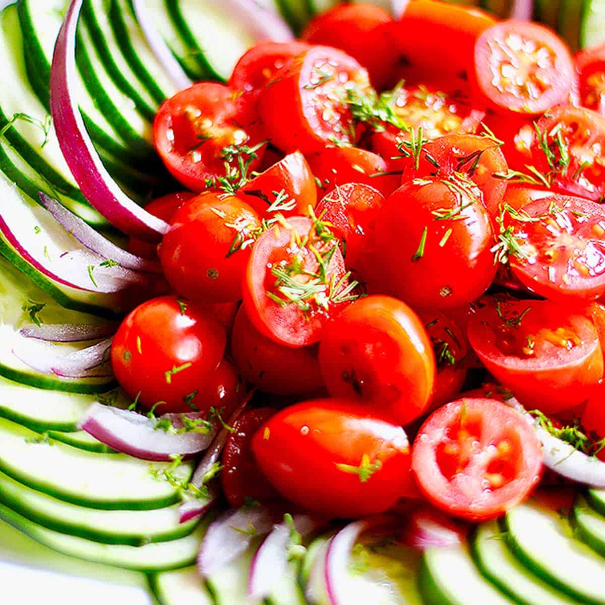 cucumber tomato salad with red onions.