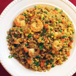 farro fried rice with shrimp.