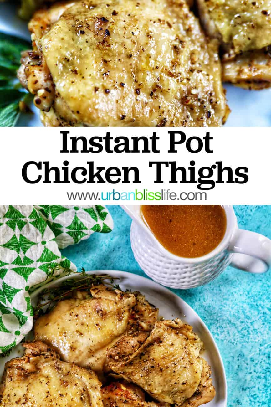 four instant pot chicken thighs on a white plate with green napkin and blue background with title text overlay.