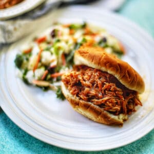 instant pot pulled pork sandwich with slaw.