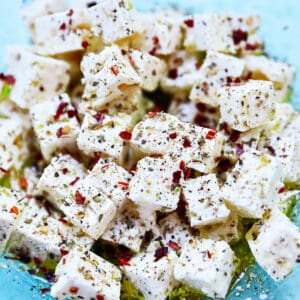 cubes of marinated feta cheese.