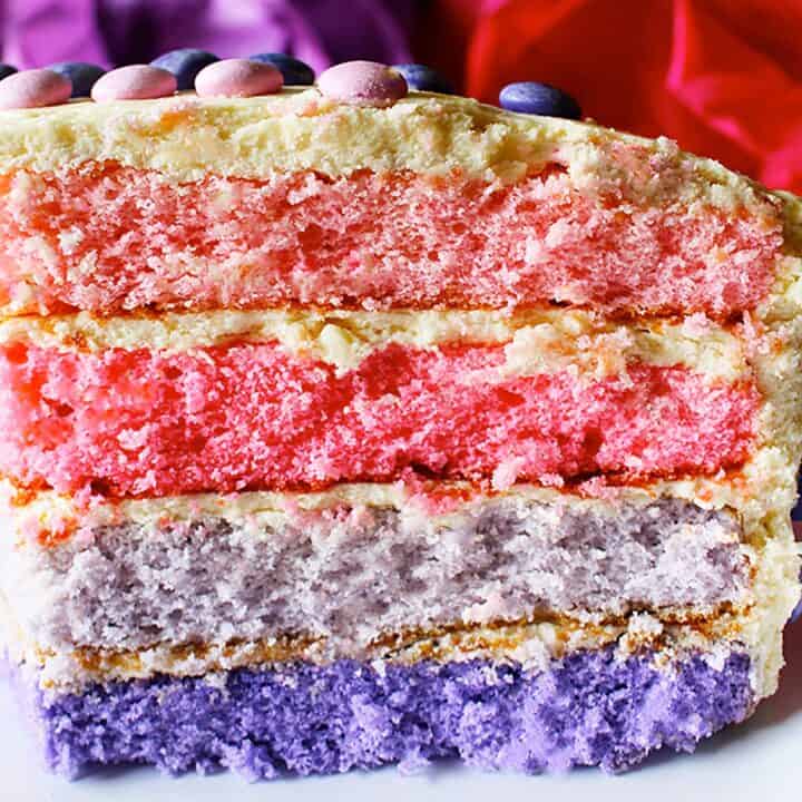 slide of ombre cake with pink and purple layers