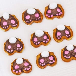 pretzel bunny bottoms with white and pink icing.