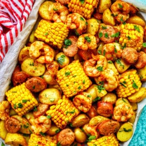 seafood boil with shrimp and corn.