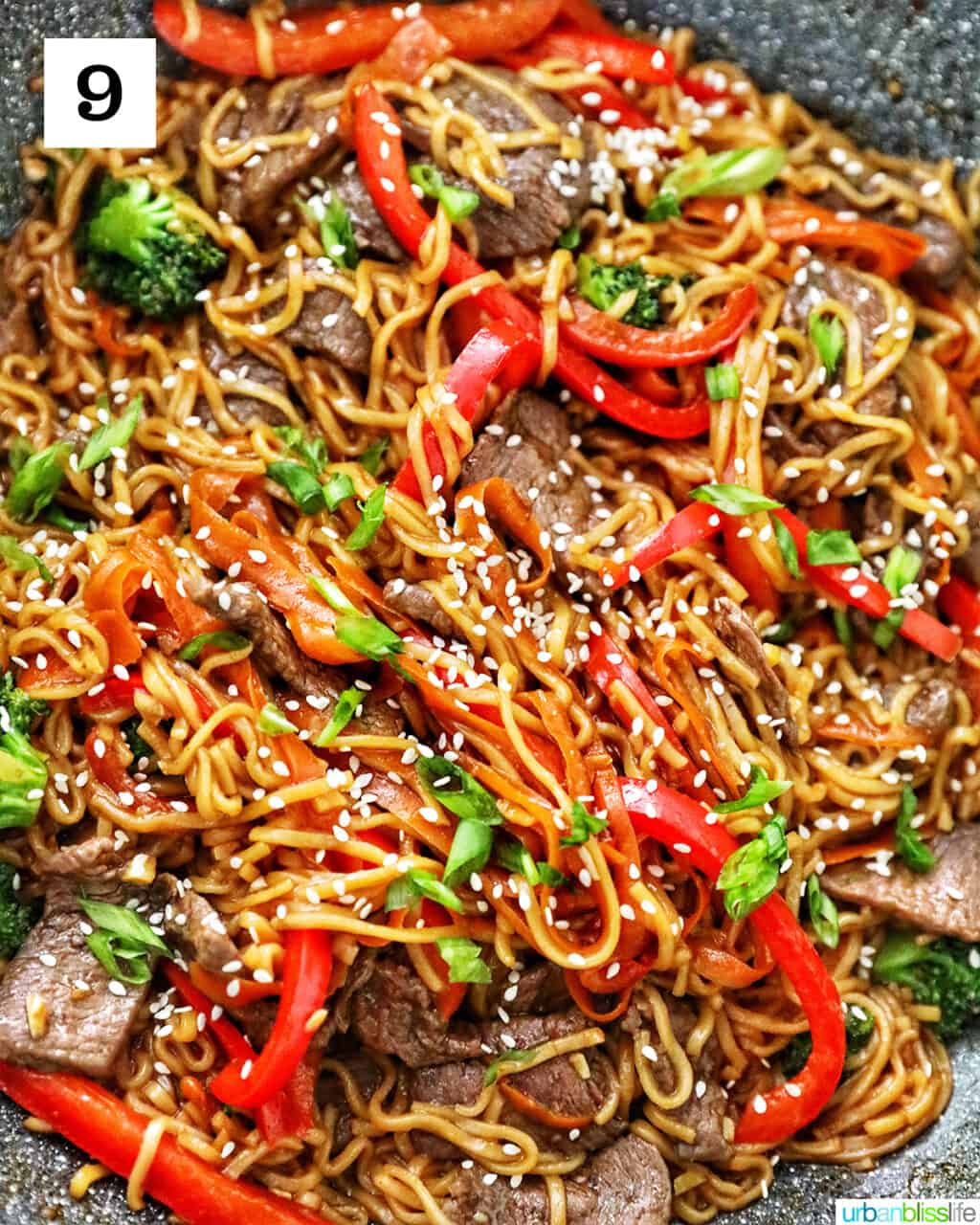 Sesame Garlic Noodles with Steak with sesame seeds and sliced scallions in a large wok.