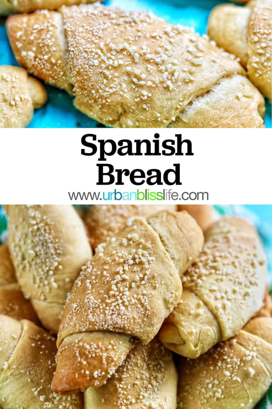 several freshly baked Filipino Spanish bread rolls with breadcrumbs on a bright blue background with title text overlay.