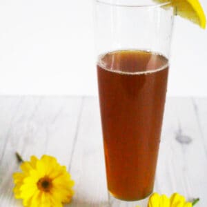 summer tea shandy in a tall glass with lemon.