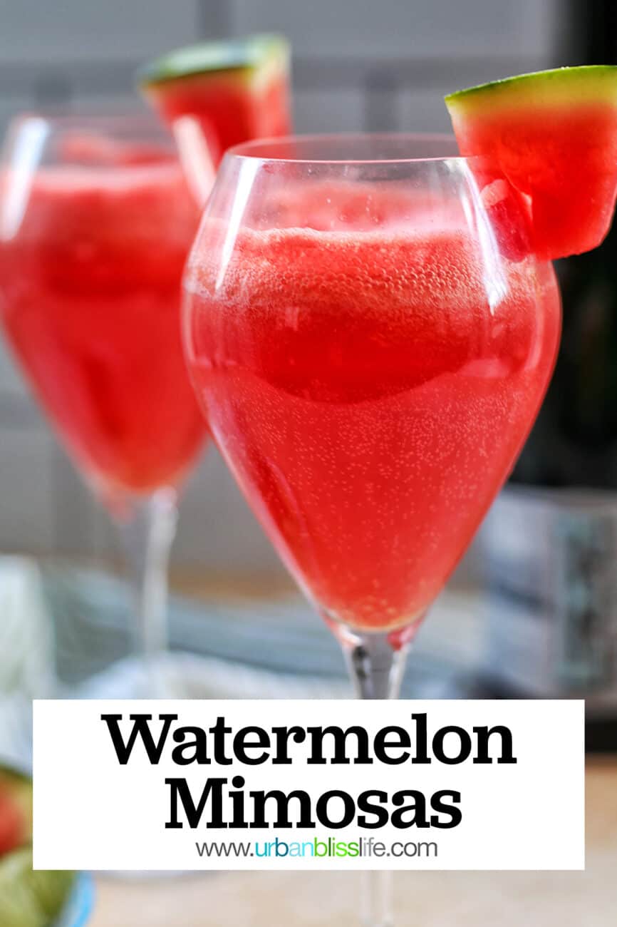 two glasses of watermelon mimosa with watermelon slice garnishes with title text overlay