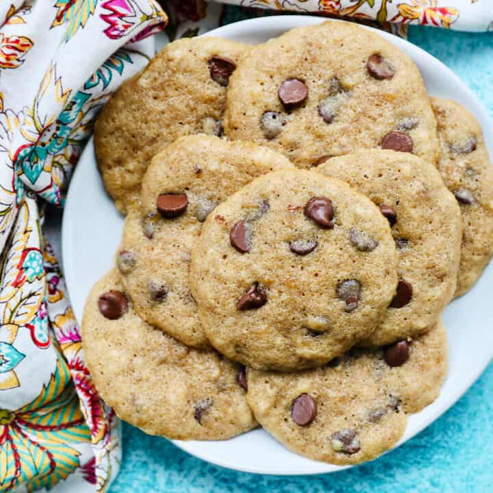 banana chocolate chip cookies on a plate.