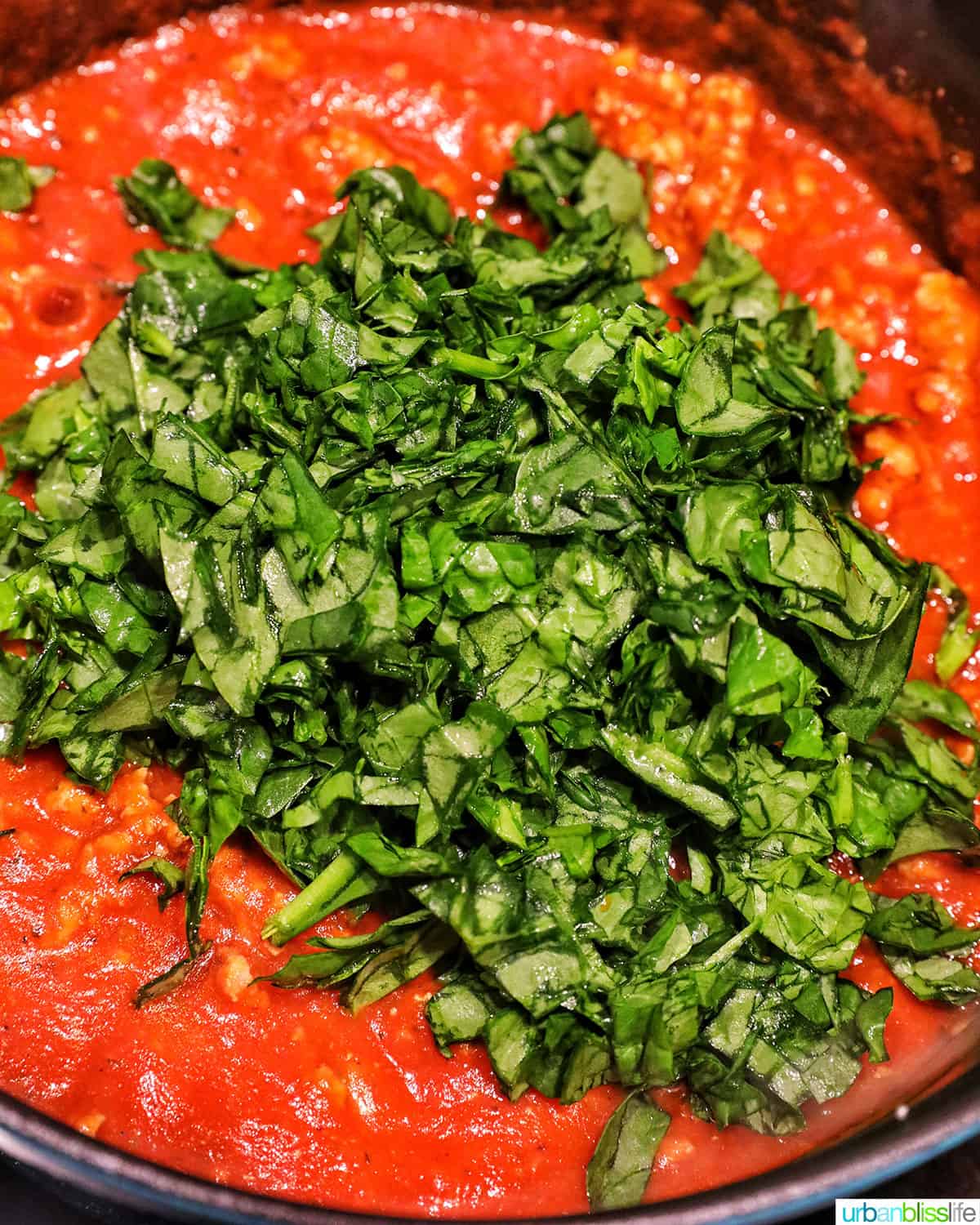 chopped spinach added to pasta sauce in a pan.