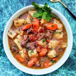 instant pot irish lamb stew with potatoes and carrots.