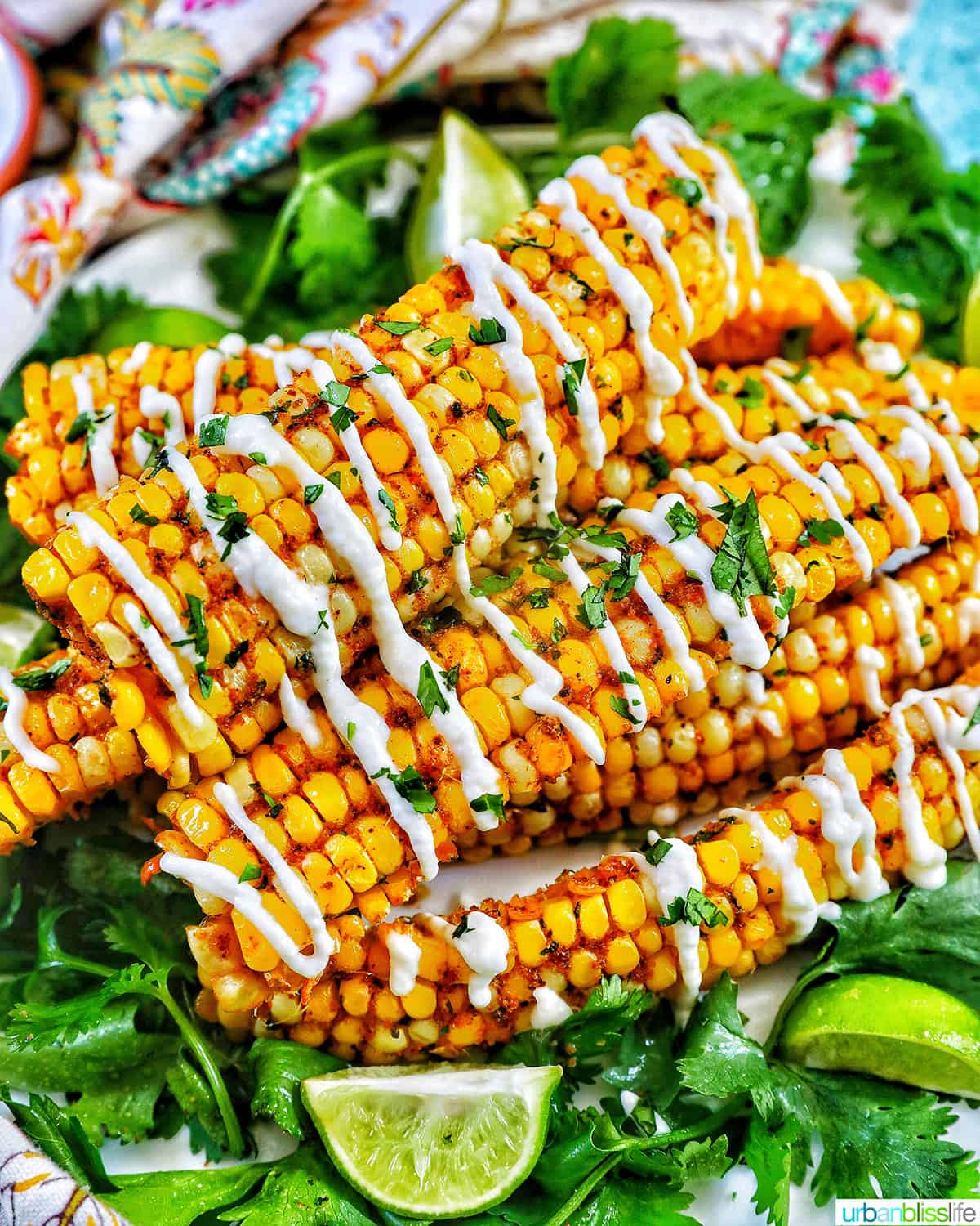several air fryer corn ribs stacked on top of a bed of greens with drizzled mayo and chopped cilantro.