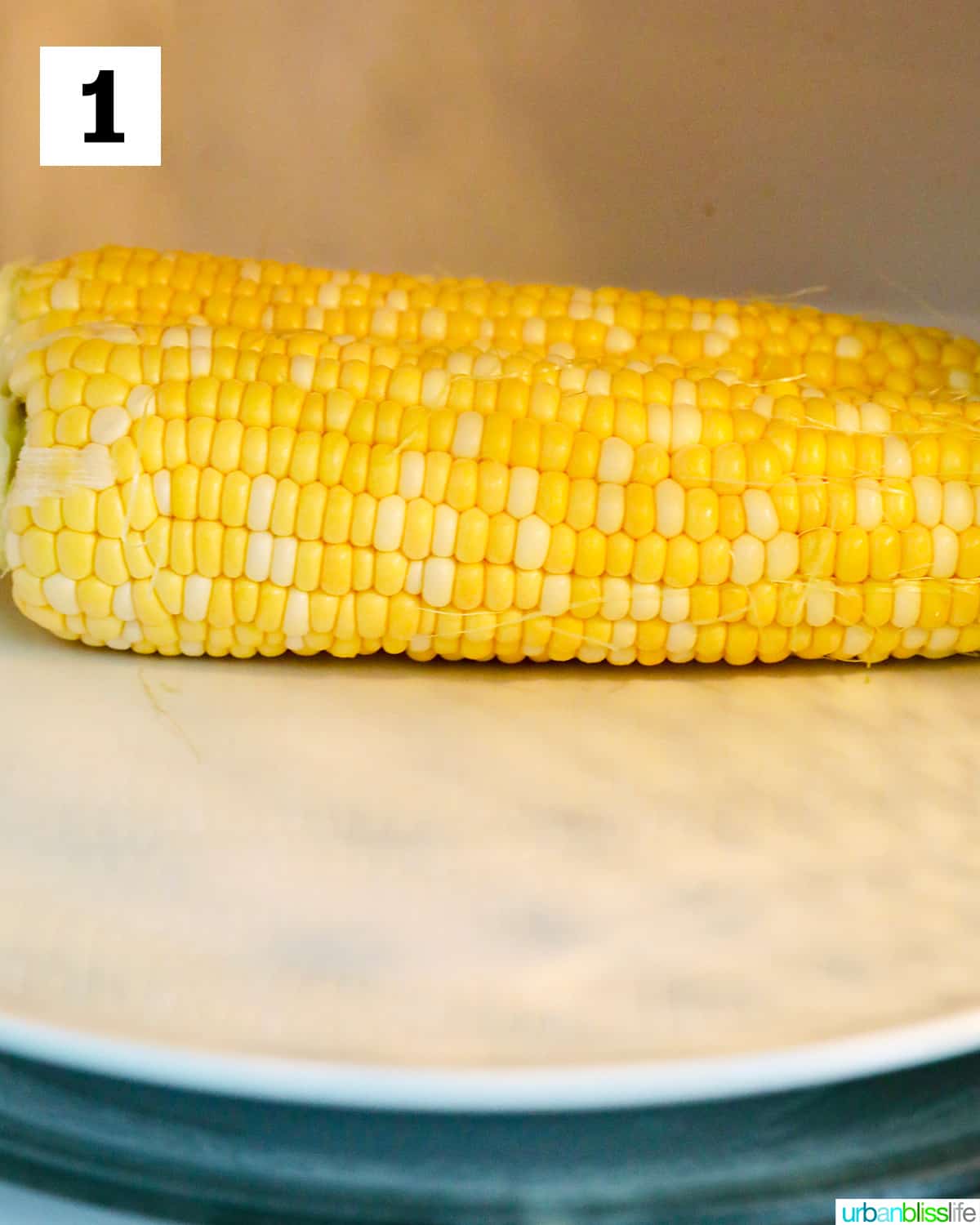 corn on the cob on a plate in the microwave.