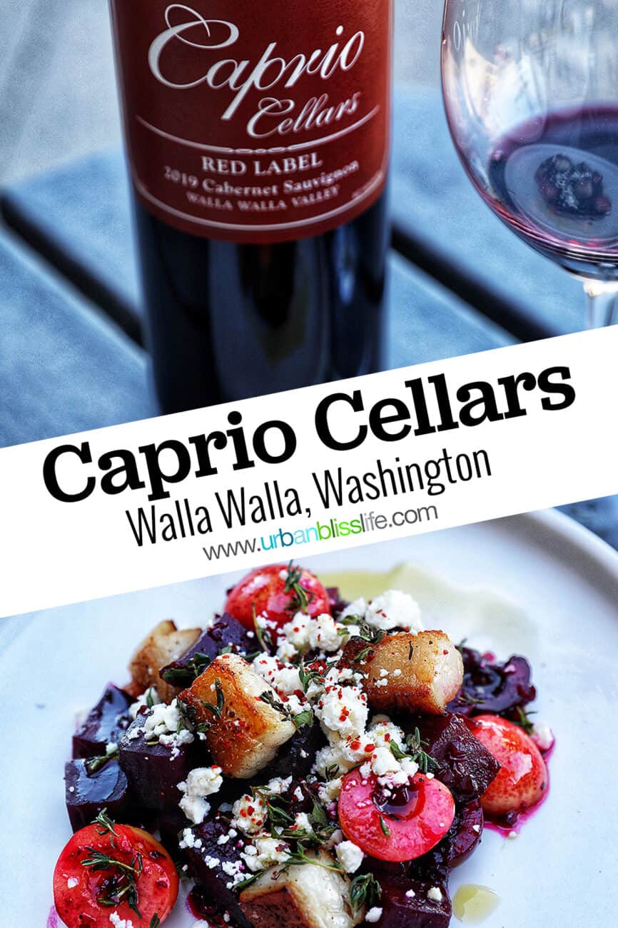 bottle of red wine with beet, cherry, pork belly salad, with title text overlay.
