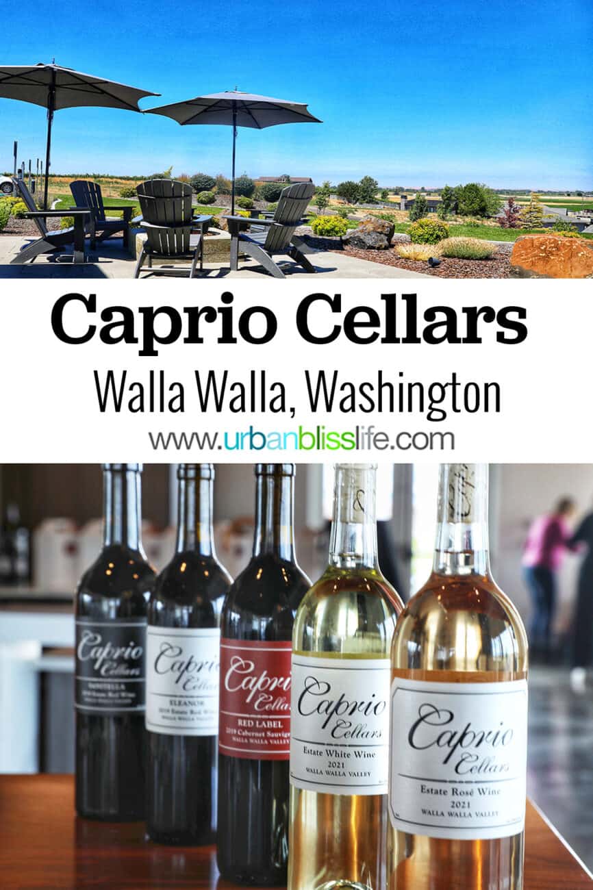 Caprio Cellars view, four bottles of wine, and title text overlay in the middle.